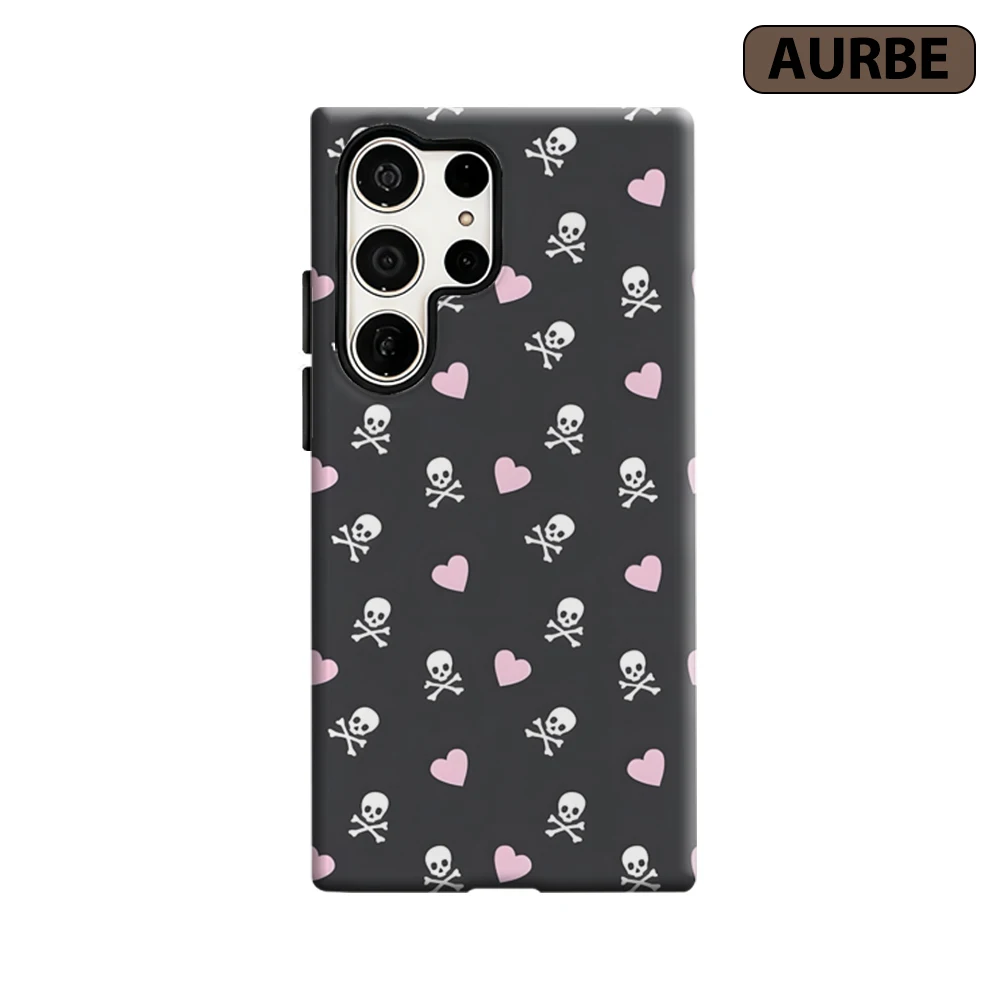 Skull & Pink Hearts Phone Case for Samsung Galaxy S26 S25 Ultra S24 S23 Ultra Plus Shockproof Double Layer Tough Back Cover