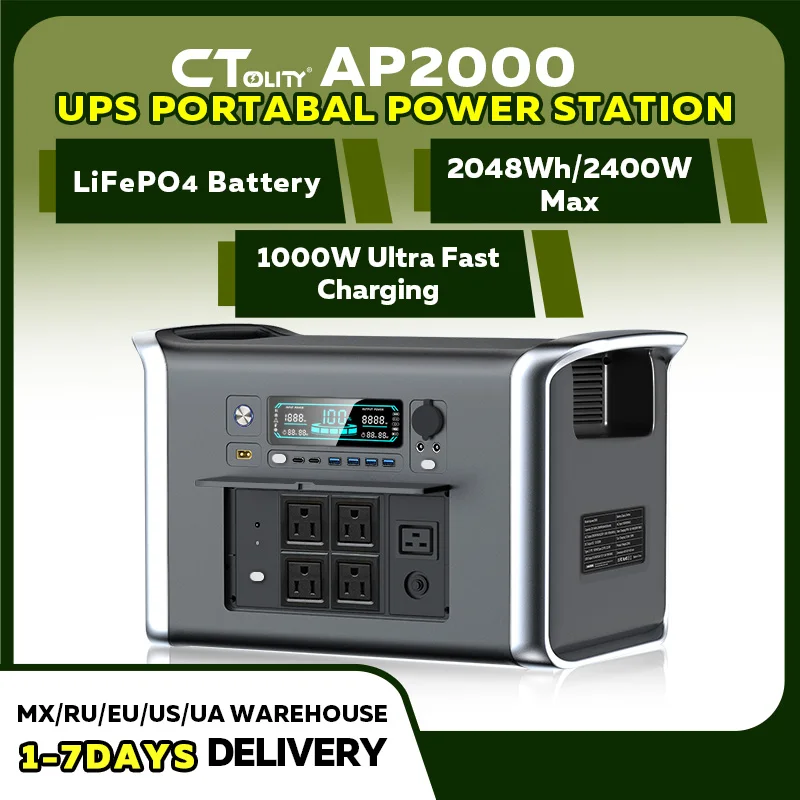 CTOLITY AP2000 2400W Portable Power Station 640000mAh Lifepo4 UPS Function for Camping RV Back Up UPS Emergency Home Appliances