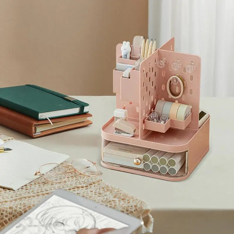 Desktop Storage Box Desk Organizer With Drawer Pen Holder 360 Rotating Storage Organizer Desk Box With Perforated Board Desk