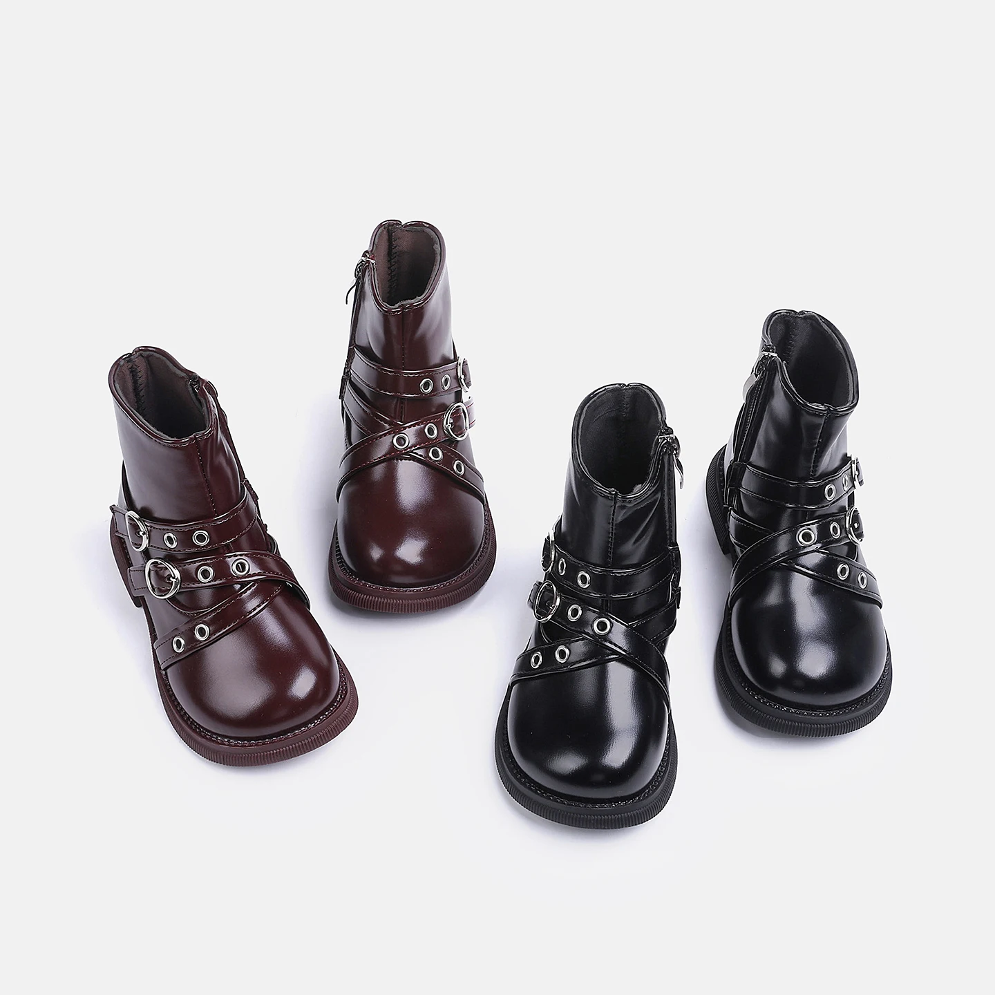 Little Girls Biker Boots, Glossy PU Metal Ring Buckle Straps Inner Zipper Thick Sole Short Boots