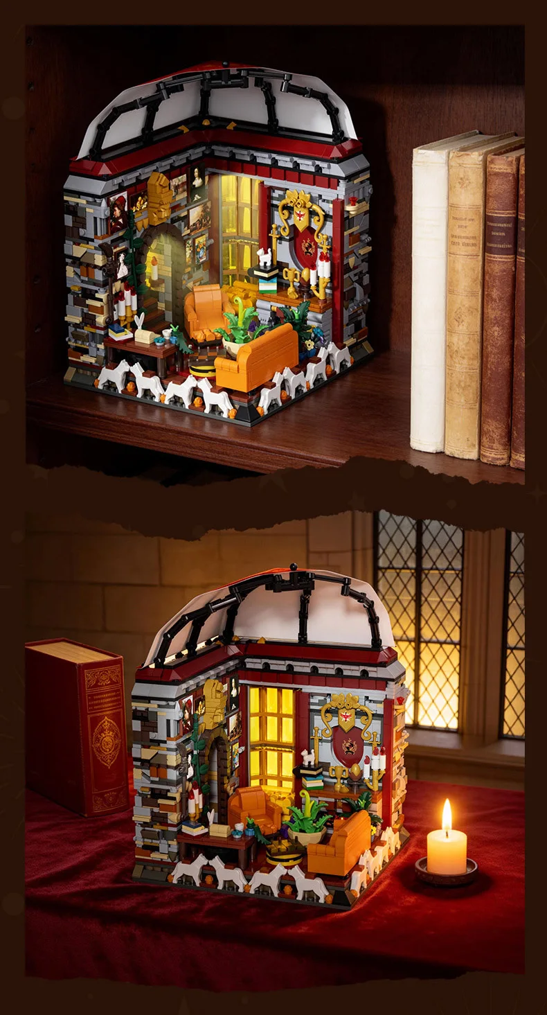 Kreatives Film-Lounge-Baustein-Set: Gemeinschaftsraum, Haus der Tapferkeit und Ritterlichkeit, Baustein-Straßenansicht-Spielzeug mit Licht – Detail 8