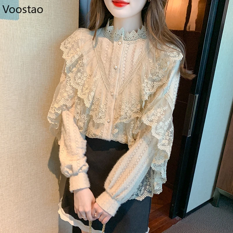 

Vintage Sweet Lace Ruffles Shirt Autumn Women Elegant Long Sleeve Blouses Korean Office Lady Casual Fashion Tops Femme Blusas