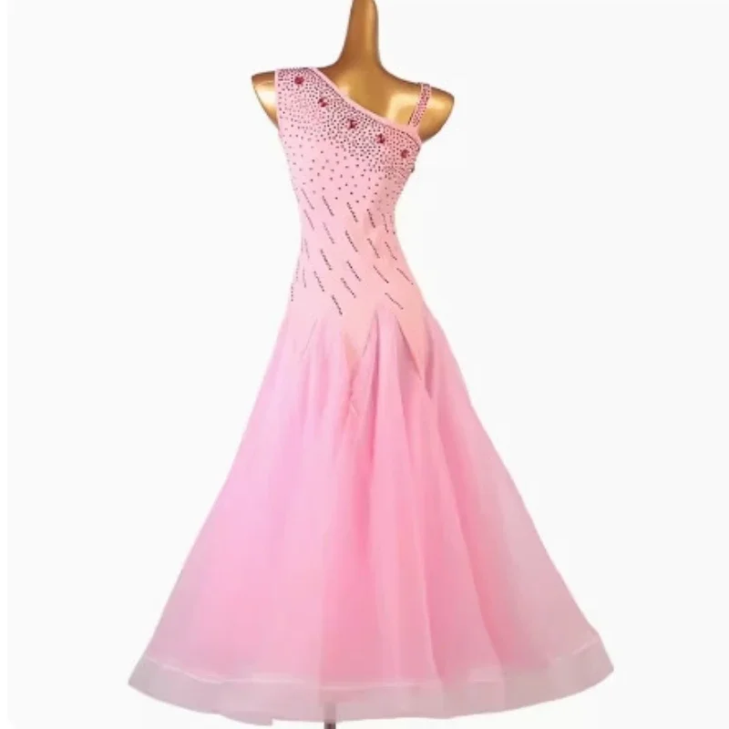 Vestido de dança de salão feminino, saias padrão lisas, sem mangas, valsa moderna, tango, rosa