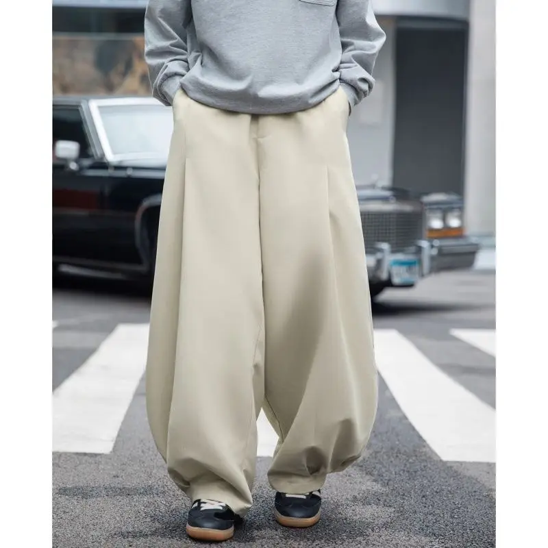 Autumn Brand New Korean Straight Loose Wide-leg Pants for Men Elastic Waist and Drawstring Basic Color Baggy Y2K Casual Trousers