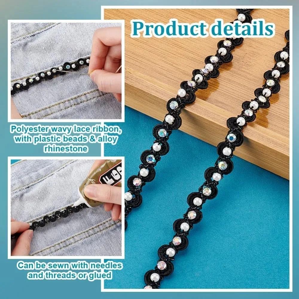 4 ياردة اللؤلؤ الدانتيل تقليم 3/8 بوصة أسود متموج شريطة من الدانتيل اللؤلؤ هامش حجر الراين هامش زين النسيج الأعرج الشريط صنع عدة