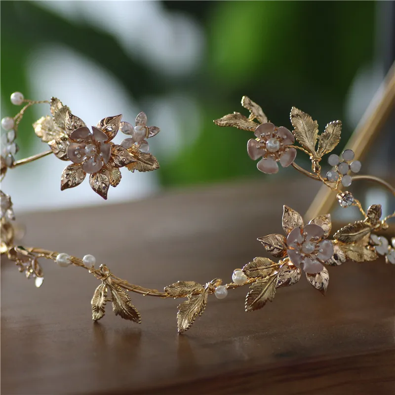 Gold Color Leaf Floral Wedding Tiara Hair Crown Rhinestone Accessories Handmade Bridal Headband Women Party Headpiece