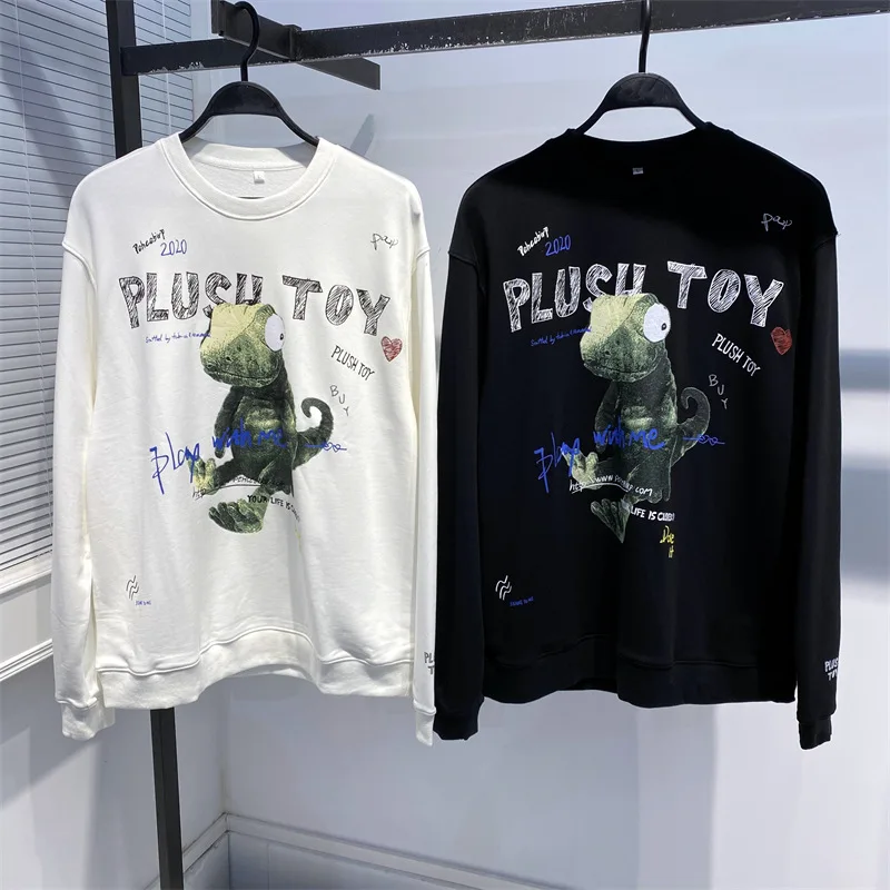 

Модная толстовка с круглым вырезом и капюшоном для пар, повседневная одежда с принтом маленького динозавра, свободный крой, осенне-зимняя мужская уличная одежда