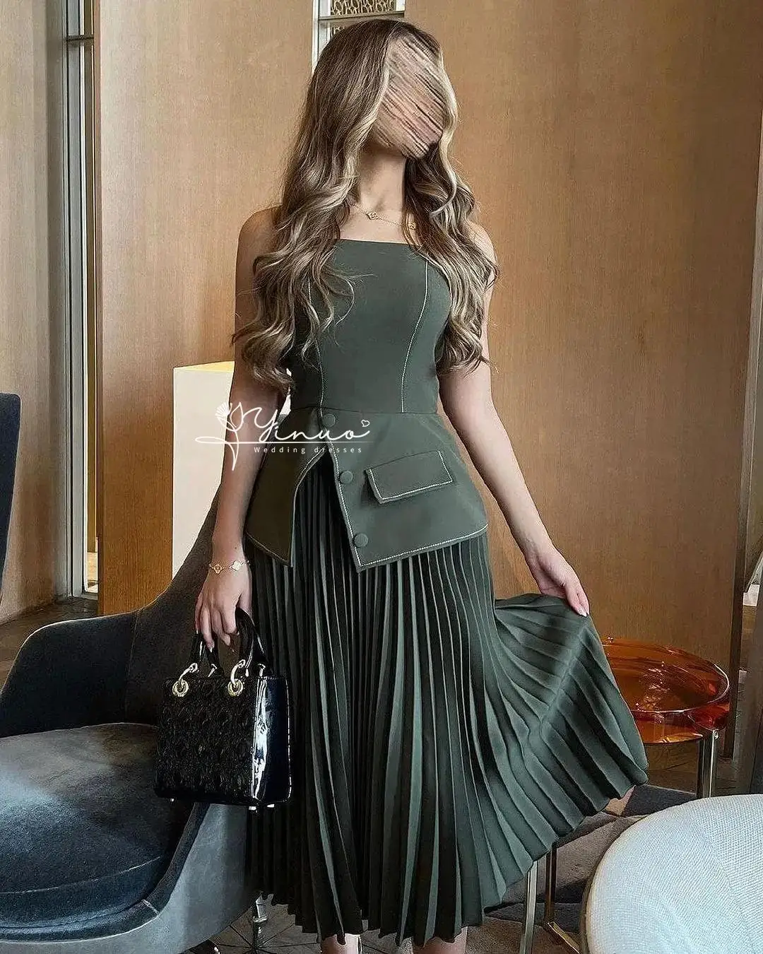 customized Two Pieces Sleeveless Prom Dresses O-Neck Ankle Length Women's Temperament Pleated Evening Dresses2025