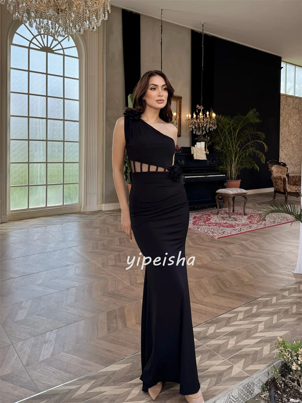 カスタマイズされたモダンなスタイルマッチング手作りフラワープリーツマーメイドワンショルダーロングドレスオーダーメイドオケージョンドレスファッションセクシー