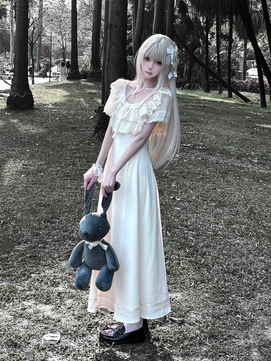 Reddachic babados tripulação pescoço feminino vestido longo lolita ponto laço arco rendas até mangas curtas plissados midi vestido longo roupas vintage