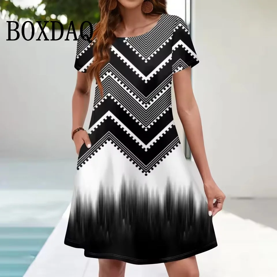 Women's Fashion Plus Size O-Neck Short Sleeve Casual Print Loose Dress With Pockets Summer Dresses For Women 2025 Women's Dress