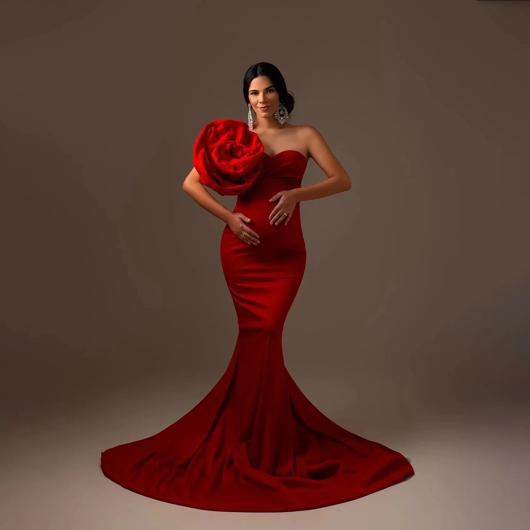 Photoshoot Rose Red Pregnant Dress Baby Shower Sleeveless Prom Gowns Custom Made Elegant Red Flower Mermaid Maternity Dresses