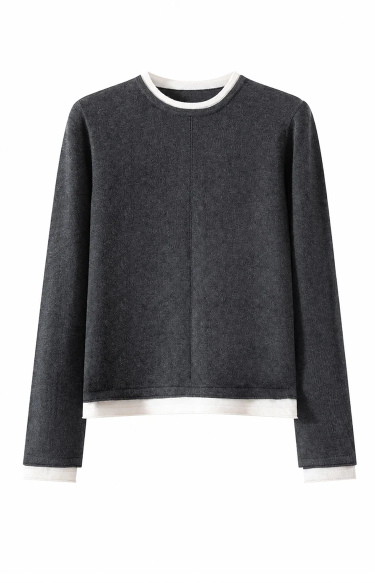 ML62039 Damen-Strickpullover mit Rundhalsausschnitt, Langarm, Zweiteiler-Optik, Kontrastfarbener Besatz, Lässiger Pullover für Herbst und Winter – Detail 14