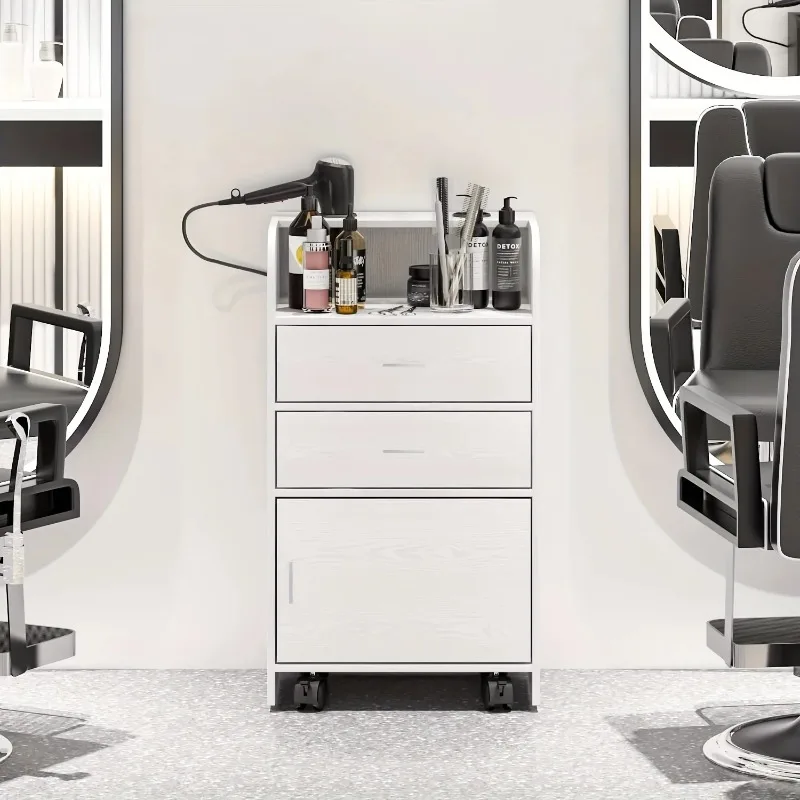 Salon Station On Wheels, Beauty Salon Station For Hair Stylist, Barber Stations Storage Cabinet With 2 Drawers White