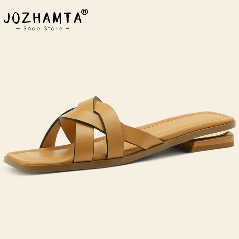 JOZHAMTA Size 33-40 Women Slippers Summer 2023 Real Leather Flats Shoes For Women Low Heels Sandals Casual Home Ladies Slides