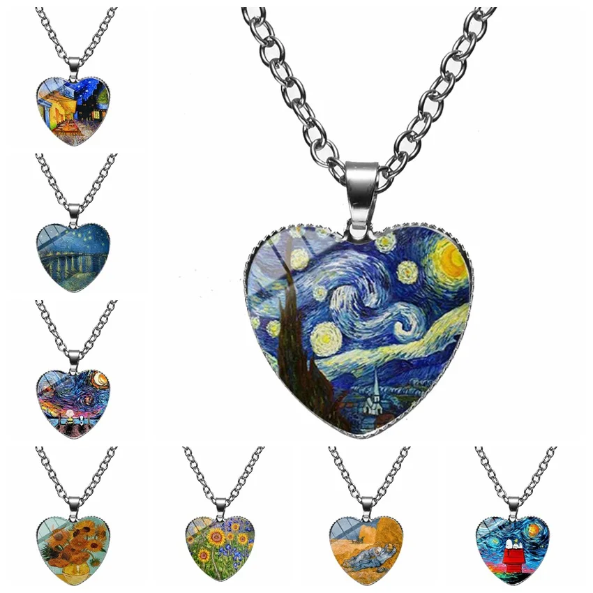 Hot selling Van Gogh Star Moonlight Necklace Time Gem Van Gogh Sunflower Heart Pendant Necklace Sweater Chain