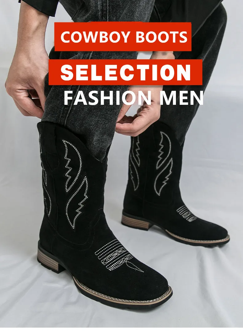 Neue Western Herren Cowboy Stiefel Vintage Mid-kalb Motorrad Stiefel Mode Wildleder Leder herren Stiefel Outdoor Casual Reitstiefel – Detail 2