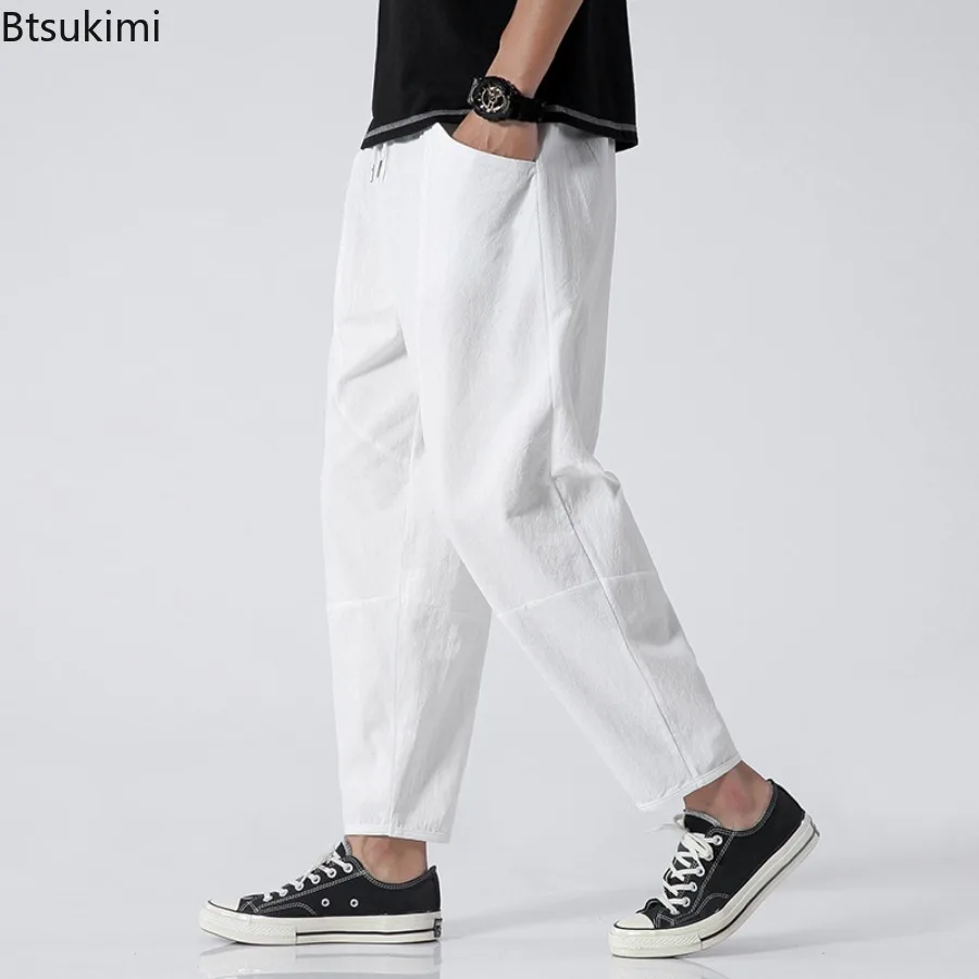 2025年 メンズ コットン クロップドパンツ ドローストリング レッグポケット ストレートパンツ 新スタイル アンクル丈 スウェットパンツ スクール 男性用 サマーパンツ