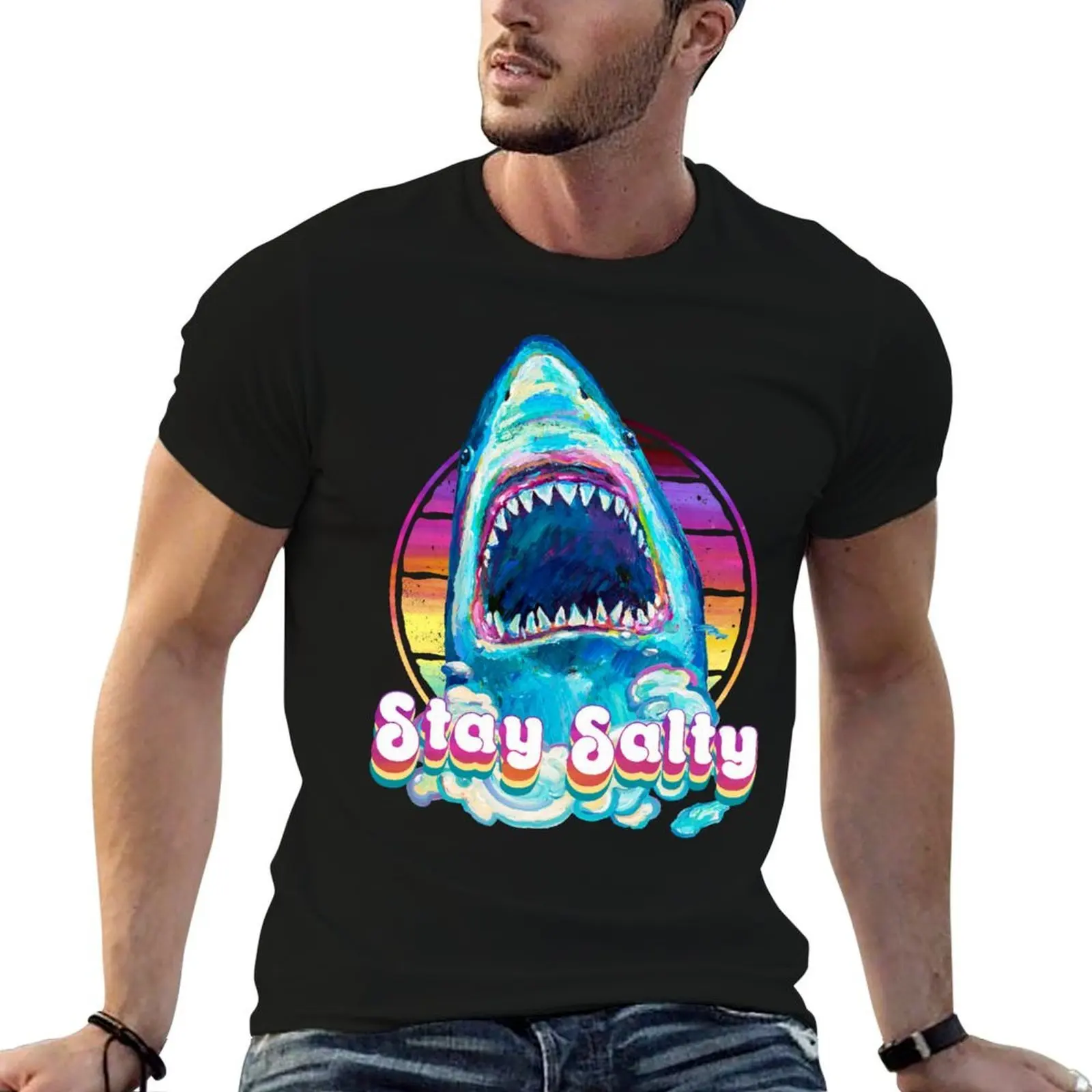 Stay Salty Retro Great White Shark by Robert Phelps T-Shirt shirts graphic cute clothes heavy weight t shirts for men
