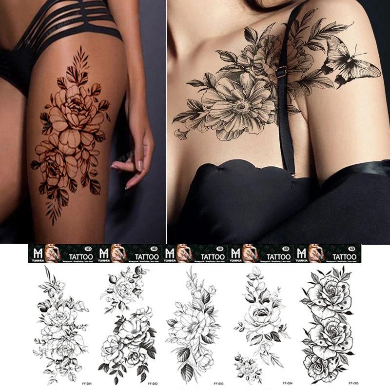 

Sexy Black Large Snake Flower Fake Tattoo Stickers For Women Dot Rose Peony Temporary Tattoos DIY Water Transfer Tatoos Girls