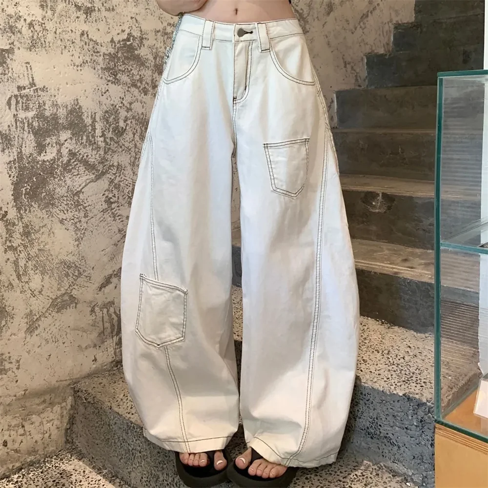 Graffiti American Style Casual Wide Leg Denim Pants Women High Street Y2k Harajuku Cargo Jeans Baggy Winter Denim Trouser Ladies