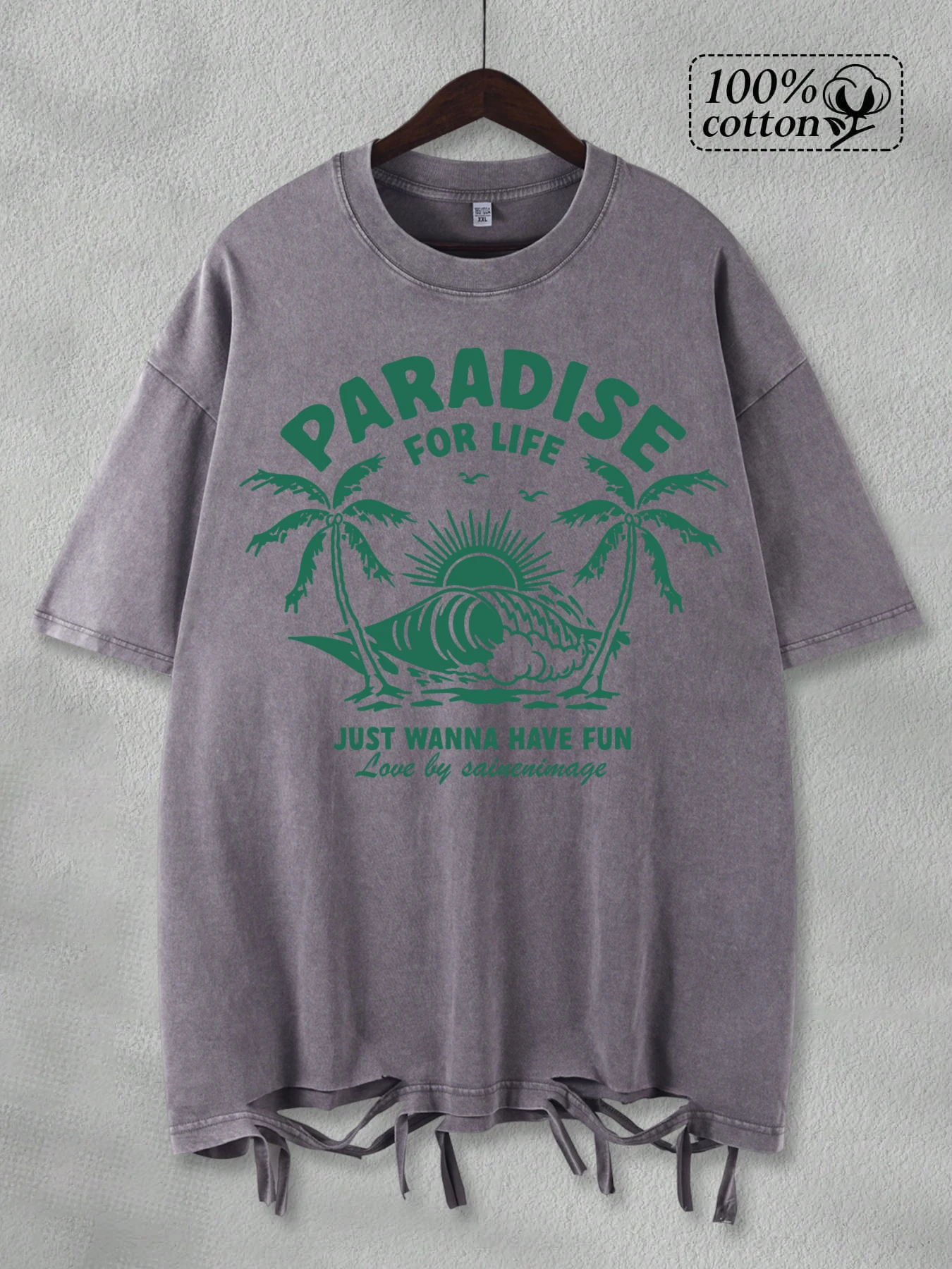 

Pardise For Life Wave Coconut Tree Print Men Washed Holes T-Shirt Trendy Loose T Shirts Hip Hop Cotton Top O-Neck Casual Clothes