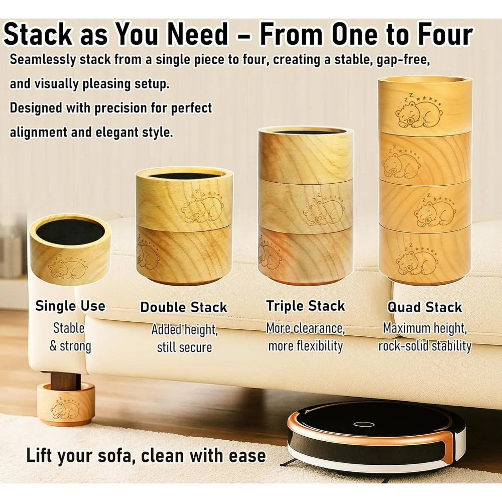 Bed Risers Furniture Legs, Solid Wood Furniture Raisers with Sleepy Bear Pattern, 2 Stackable Non-Slip Heavy-Duty Wooden Sofa Fr