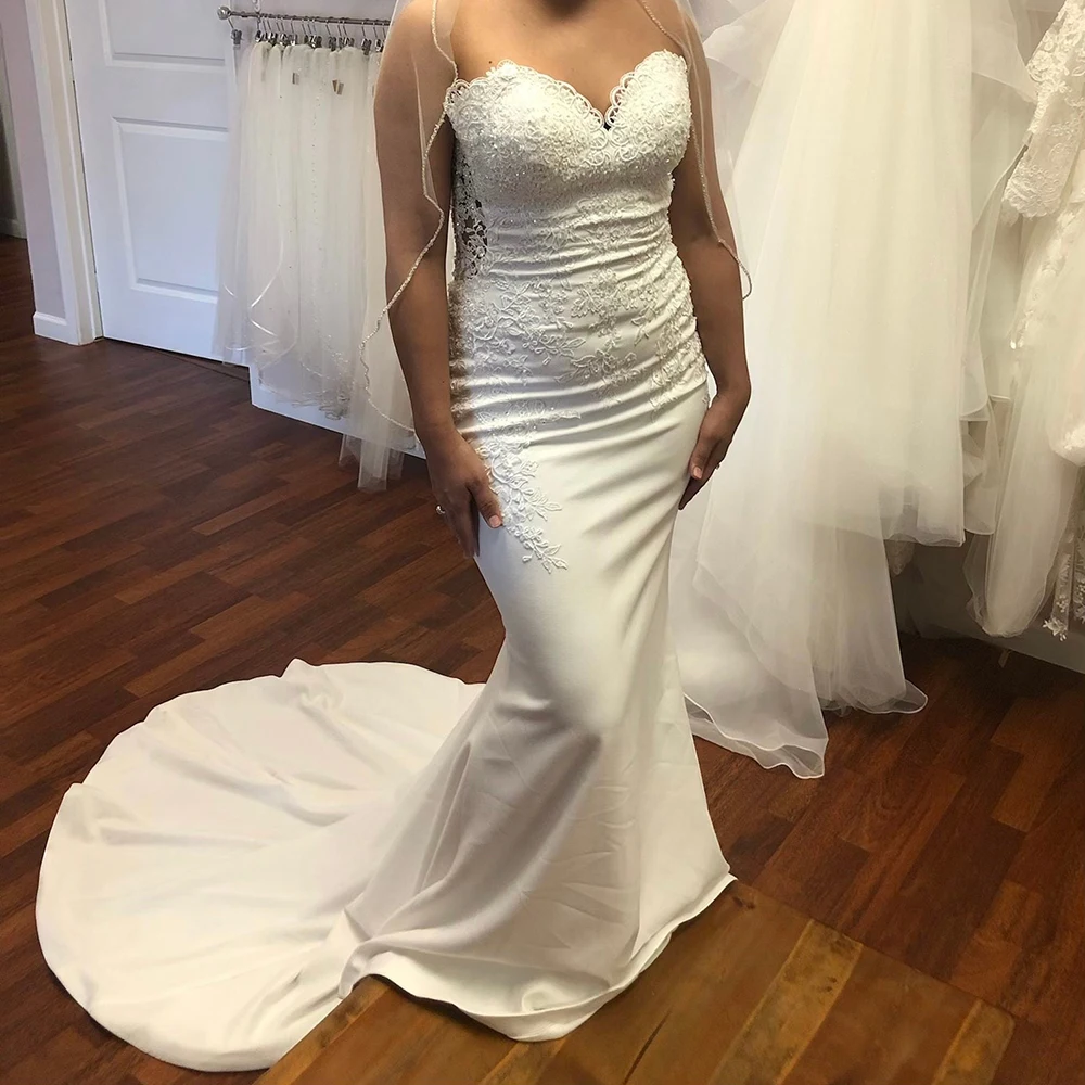 Querida appliqued sereia cetim vestido de casamento com fecho de correr vestidos de noiva com trem