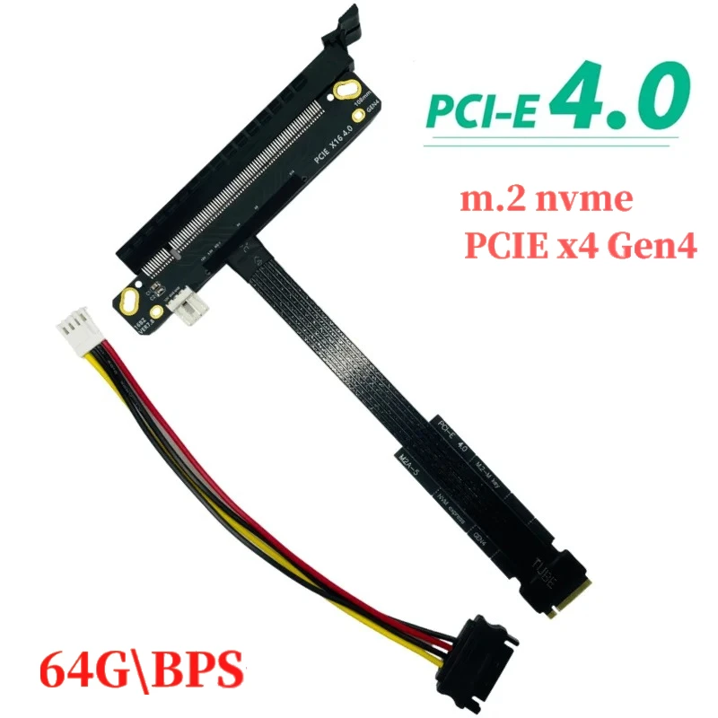 64Gbps PCIe 4.0 X4 90 Degree PCI-E 16X to M2 M.2 for NVME SSD Riser Cable w Sata Power Cord Gen4 GPU Motherboard Extender ES CPU