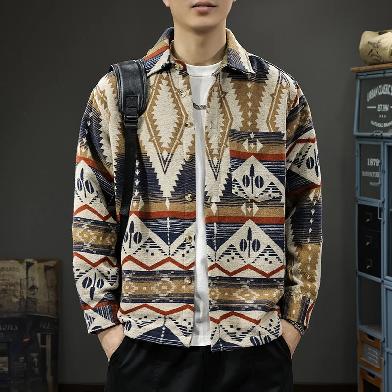 A trendy man's autumn heavyweight jacquard long-sleeved shirt, a loose and large-sized retro ethnic-style shirt jacket for men