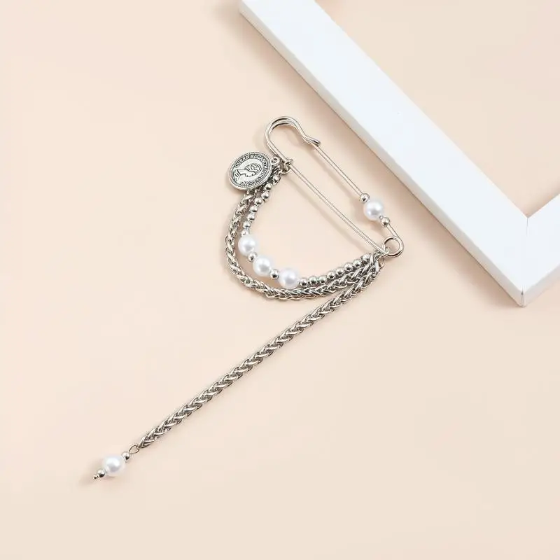 Exaggerate Long Tassel Chain Brooch Women Handmade Pearl Multi Functional Fixed Pin Pants Clothes Decor