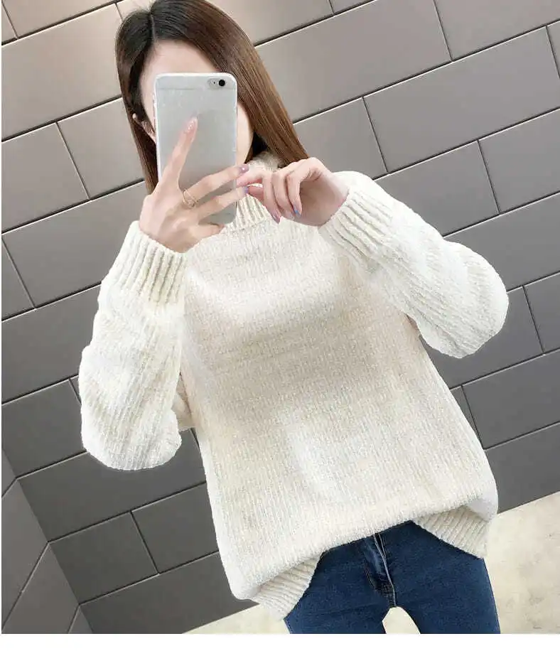 Suéter de cuello alto de chenilla para mujer, Jersey holgado de manga larga, Color sólido, Top de punto, otoño e invierno, 2023