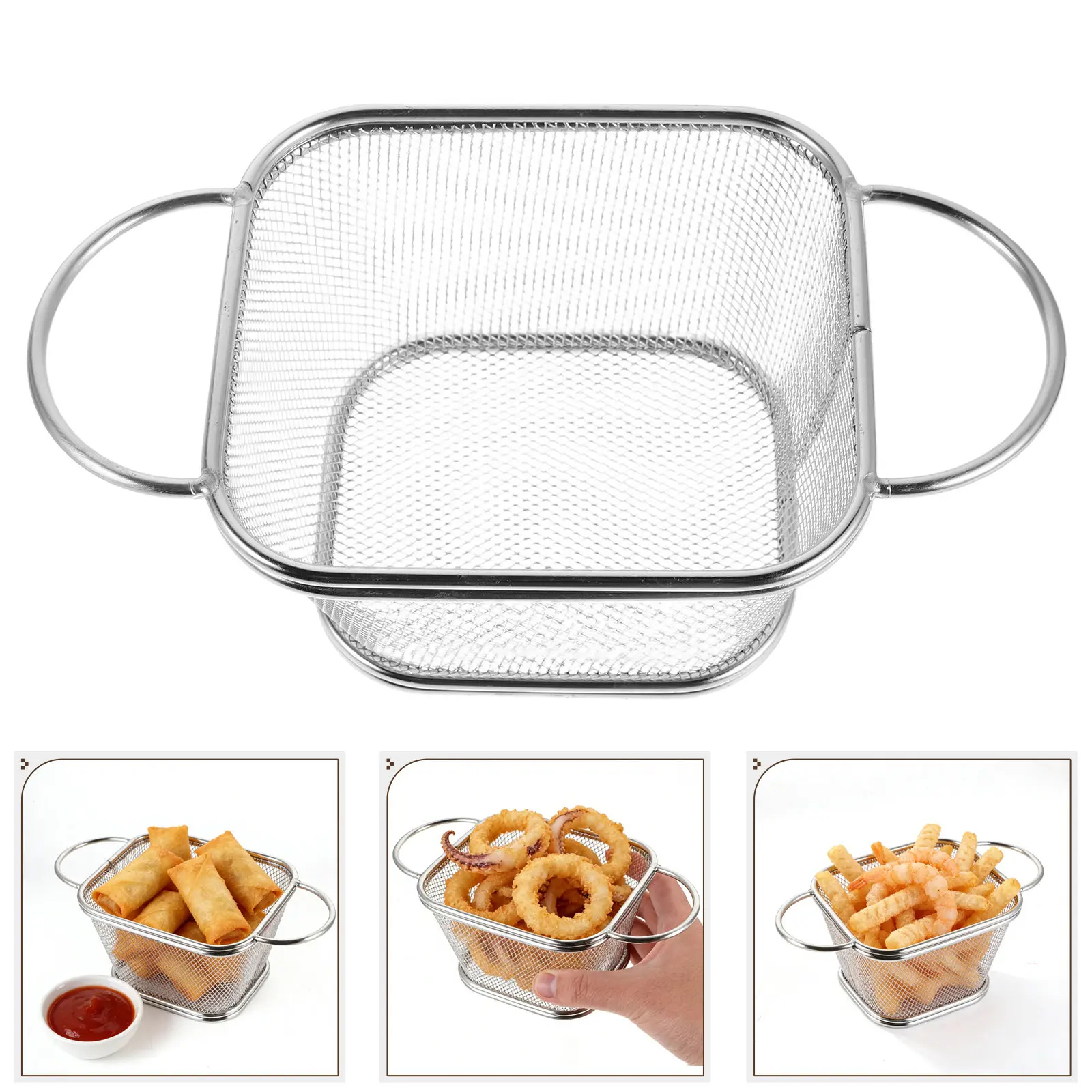 Mini Square Stainless Steel Fry Basket Double Handle Cooking Tool French Fry Presentation Basket Reusable Snack Serving Tray