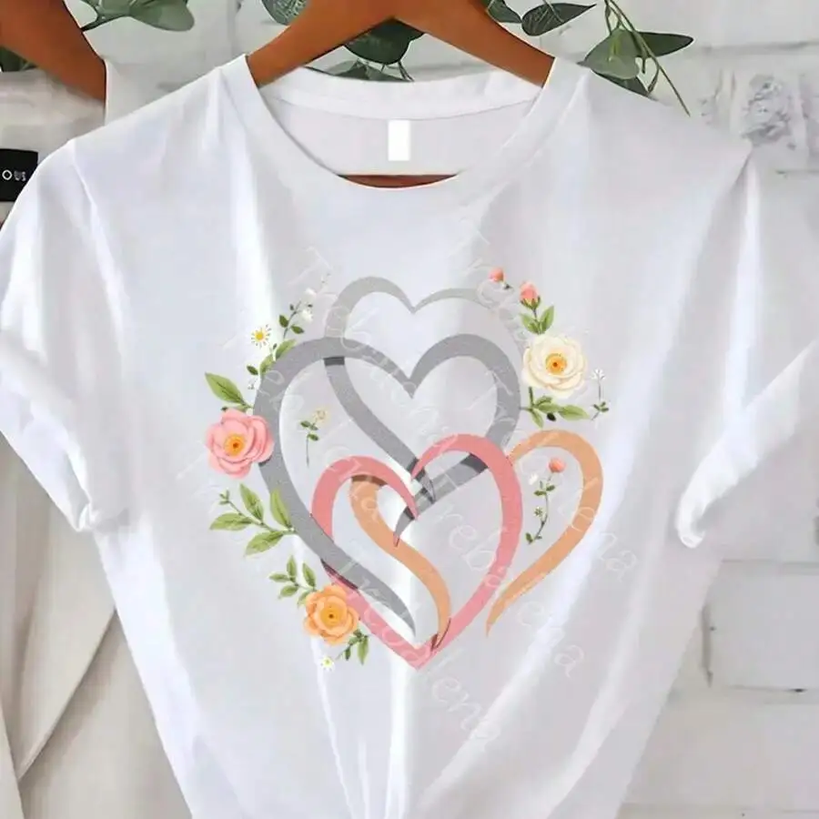Women's Floral Heart Random Flower Pattern Graphic Print T‑Shirt Crew Neck Short Sleeve Casual Tee Top