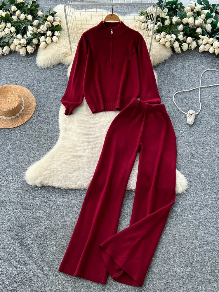 

Korean Sle Casual Slimming Knitted Sweater Set Women's Autumn Winter Loose High Collar Zipper Long Sve Top Wide Leg Pants