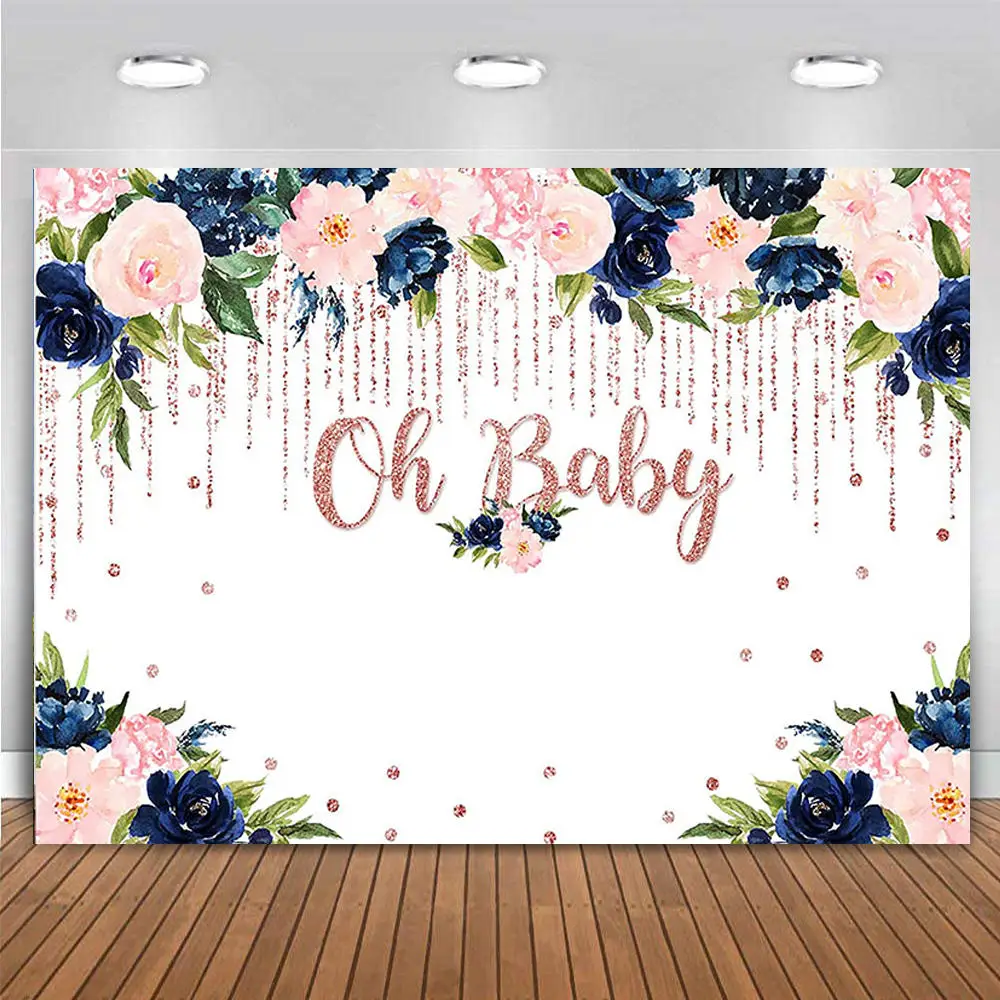 

Baby Shower Party Backdrop Rustic Wood Navy Blue Flowers Oh Baby It's a Boy Girl Baby Floral Photography Background Table Banner