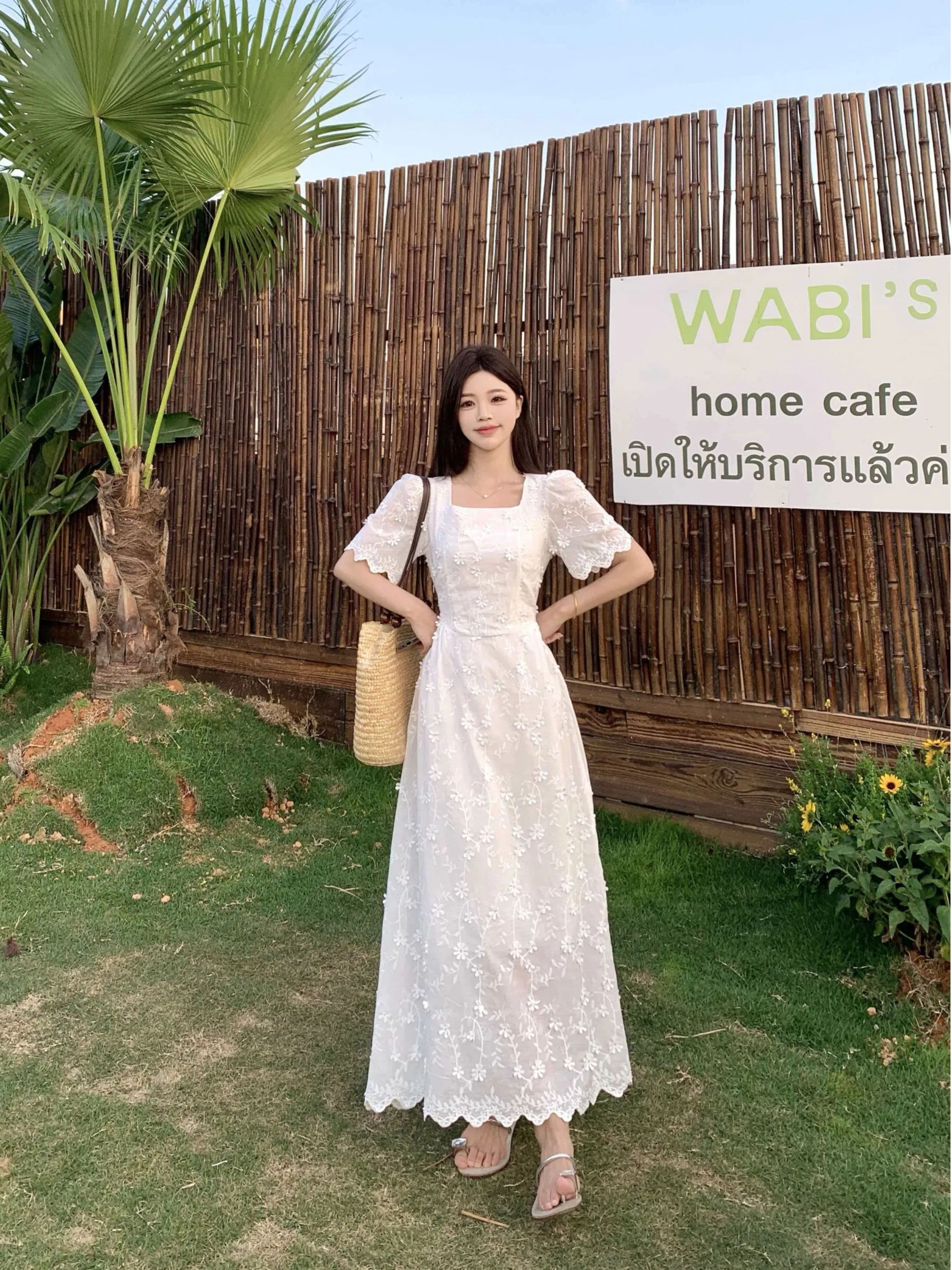 

plus Size Embroidered Dress Square Collar Slimming Waist Citywalk Summer French Style High Waist Long Skirt A-Line Dress