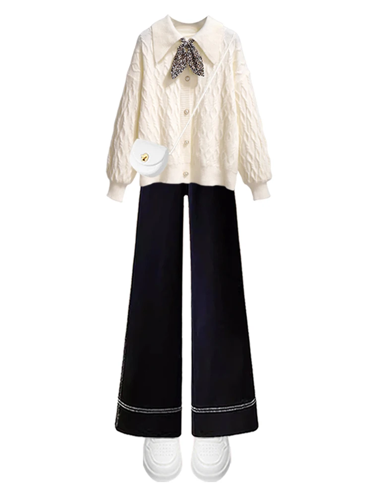 Maglione lavorato a maglia con nodo dolce coreano Sle Jeans dimagranti a vita alta Set da due pezzi Faion da donna Abbigliamento per l'inizio dell'autunno