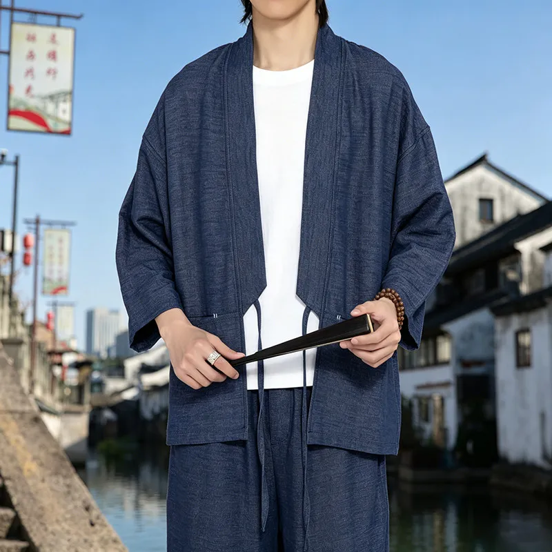 Men Minimalist Haori Kimono Shirt Open Front Drawstring 3/4 Sleeve With Pockets Spring Autumn Casual Outerwear M-5XL