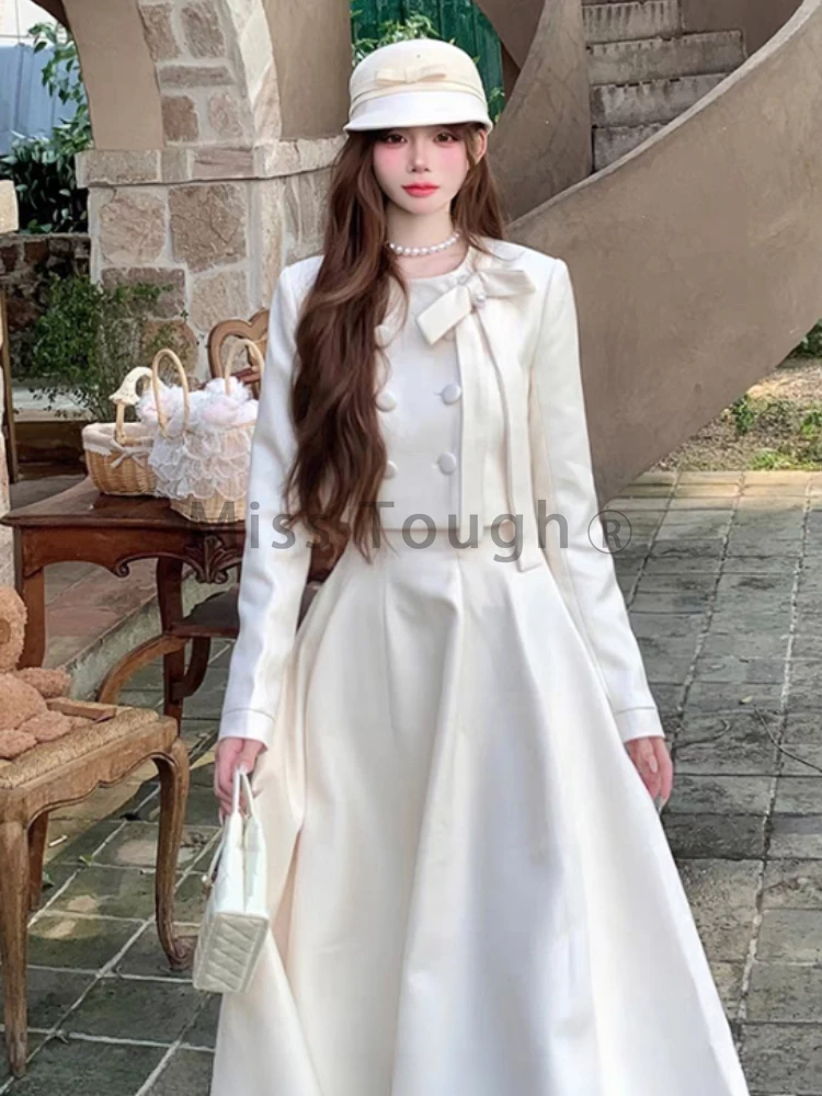 Autumn Winter France Slim Bow 2-piece Set Women Fashion Elegant Long Sleeve Solid Short Tops + Thin High Waist A Line Long Skirt