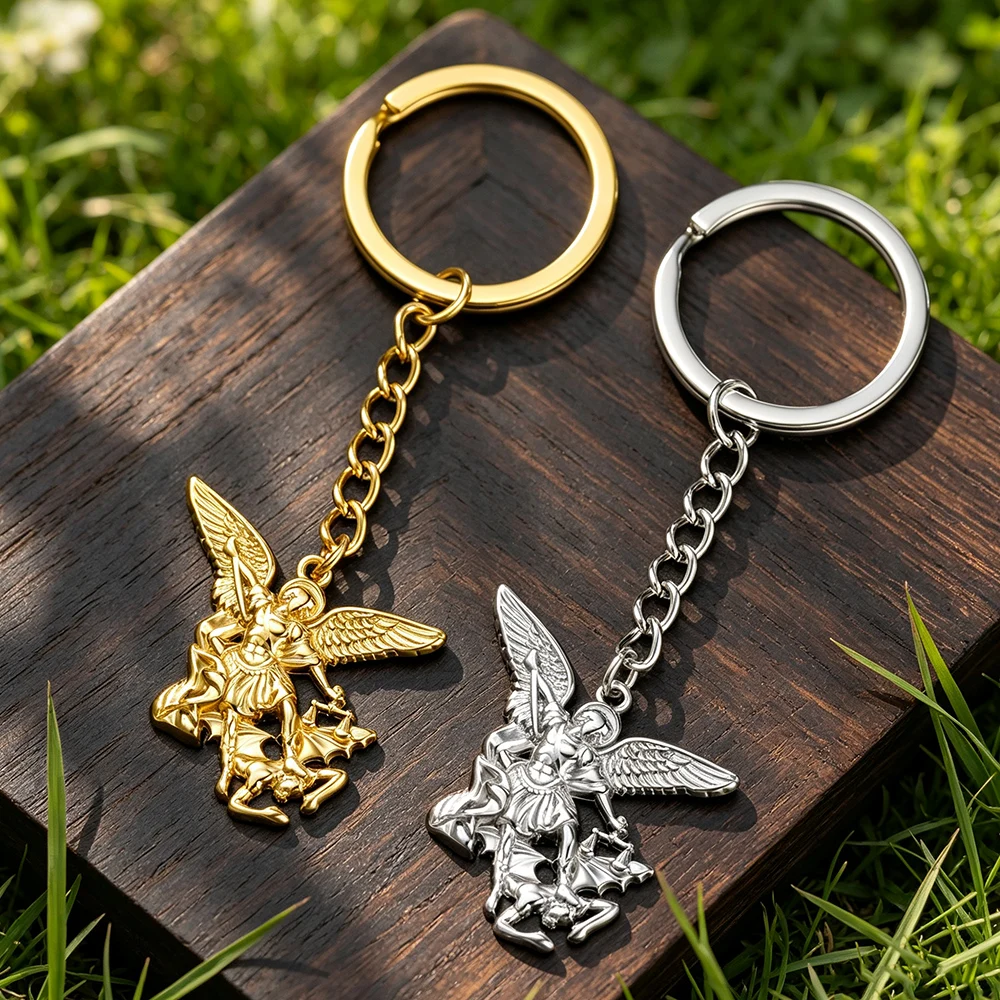 Vintage Archangel Michael Keychain Bag Accessories Patron Saint Michael Pendant Keyring Stainless Steel Solomon Jewelry
