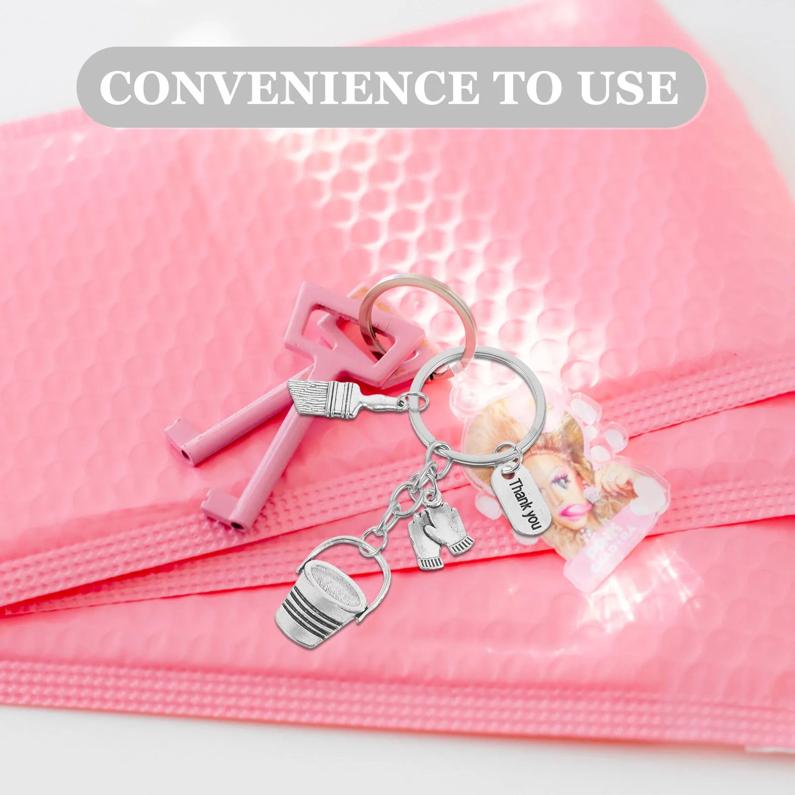 4Pcs Employee Appreciation Keychain Cleaner Housekeeping Funny Cleaning Charm Bag Pendant Purse Gift Bucket Brush Broom