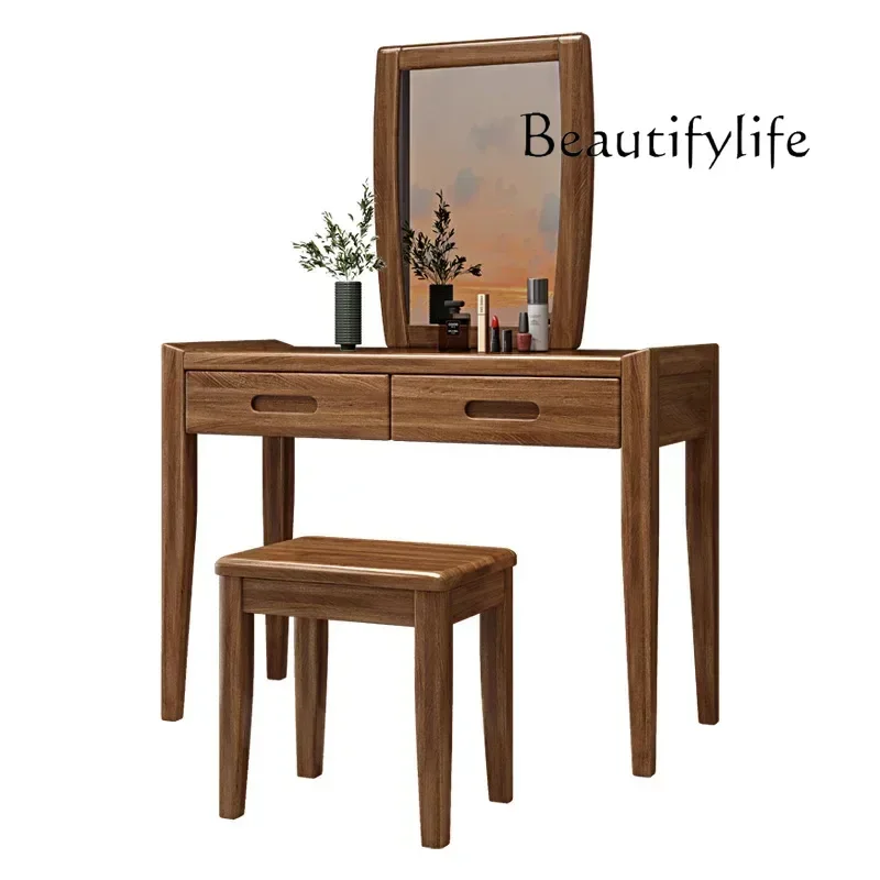XB 2 Drawers Walnut Solid Wood Makeup Vanity Table Set Dressing Simple Mirror Stool Drawer Dressing Table Bedroom Wood Furniture