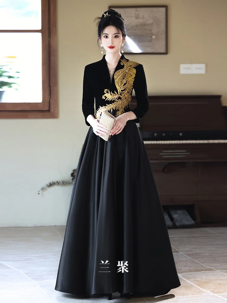 

Ele Bla Evening Gown Women's Faionable Long Sve V-Ne A-Line Dr for Performances Parties Weddings And More