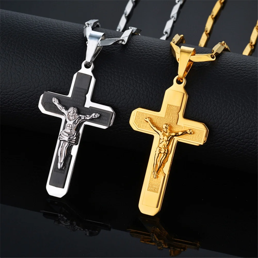 Mens Cross Pendant Necklace Large Black Bible Jesus Piece Christ Crucifix Male Christ Crucifix Stainless Steel Pendant for Men