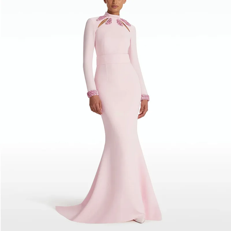 JDY Abito da sera a sirena rosa personalizzato da donna con maniche lunghe, scollo ritagliato e dettagli con perline - Elegante abito formale ف