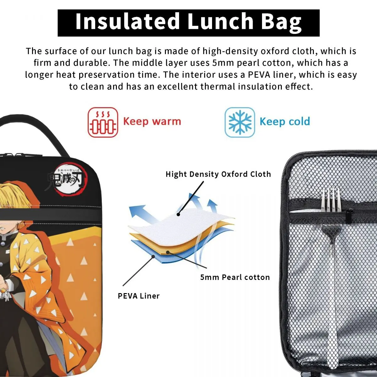 Zenitsu Demon Slayer Insulated Lunch Bags Large Meal Container Cooler Bag Tote Lunch Box School Travel Girl Boy