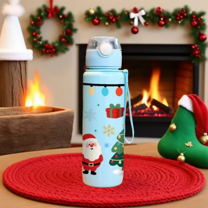 Botella de agua navideña con estampado 3D, bonito diseño de reno de Papá Noel, taza de agua de plástico de alta apariencia con dibujos animados de 700ML, a prueba de fugas