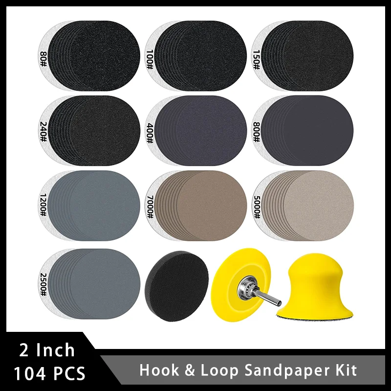 

2 Inch Hook & Loop Sandpaper Kit 104 Pcs Assorted 80-7000 Grits with 1/4” Shank Backing Plate for Grinding and Polishing Metal