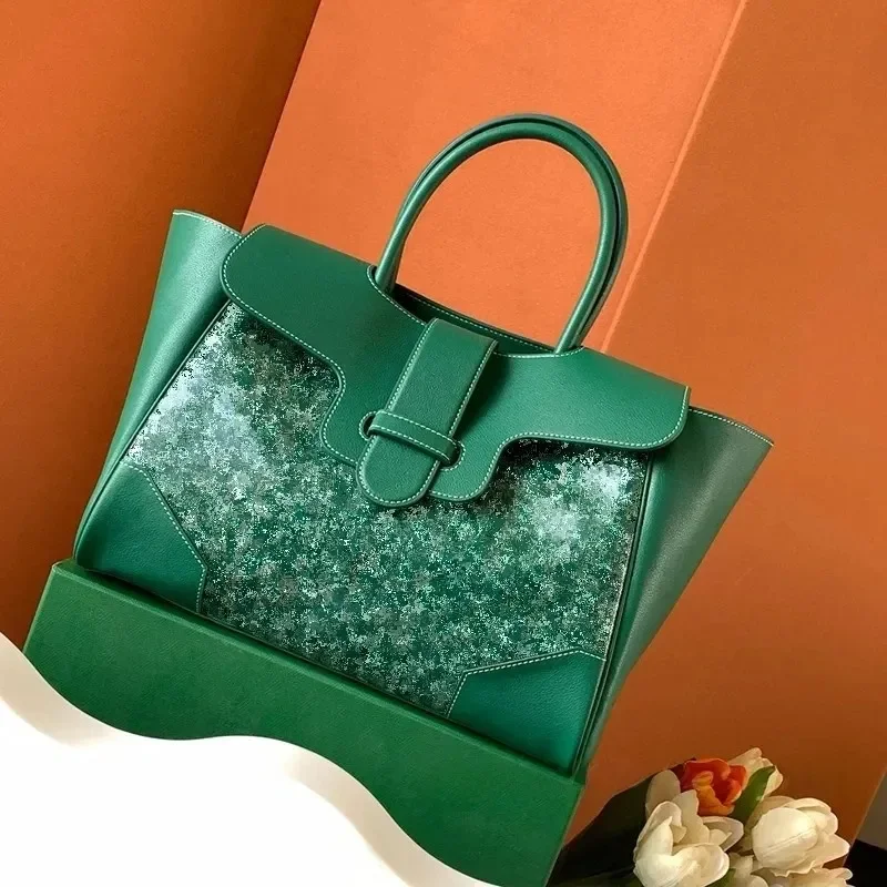 

Top designer large Maxi wood handbag with genuine leather flower style vintage handbag for outdoor travel large capacity handbag